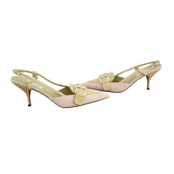 Y2K Prada Pointy Slingback Heels Khaki Canvas Pistachio Leather 39 9 New - Picture 1 of 8